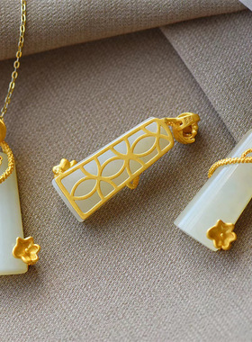 镀金项链镶嵌荷花白玉吊坠颈饰品