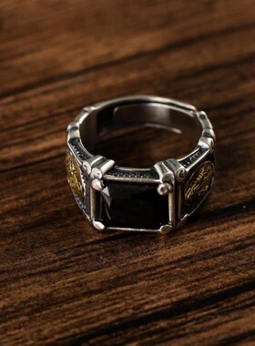 民族风银镶嵌黑玛瑙欧美复古男士款时尚个性嘻哈风开口可调节戒指