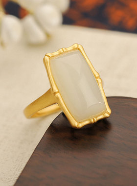 天然和田玉白玉平安牌竹节戒指