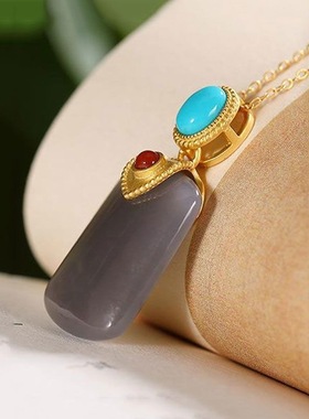 石头平安无事牌镶嵌银百搭气质吊