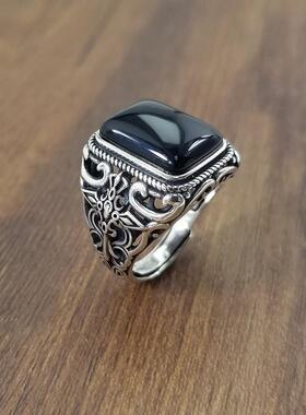 合金镀银男款活口戒指镶嵌黑玉指环气质民族风霸气中式手饰品礼物