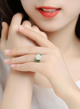 天然白玉玫瑰花戒指活口镀银指环