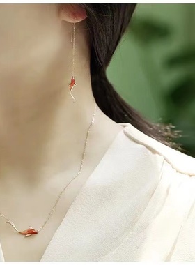 好运锦鲤纯银耳线吊坠高温珐琅玫瑰金气质甜美锁骨项链女中国风