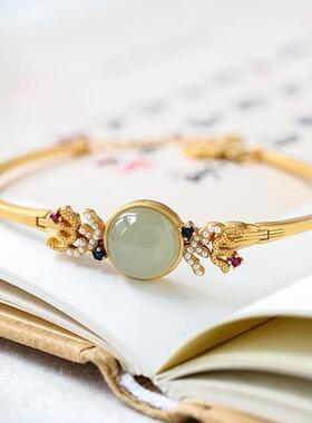 新款镀金镶嵌碧玉活口手镯手环民族风高级感复古风气质手饰品女款