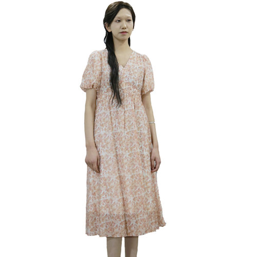 可路莎242551款碎花连衣裙 高腰女裙长春花收腰泡泡袖优雅长裙 - 图0