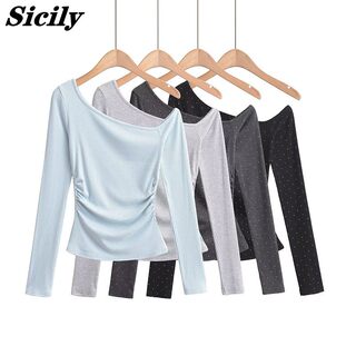 Sicilian american hot diamond design slanted shoulder long-sleeved t-shirt for women in autumn hot girl slimming off-shoulder top trendy