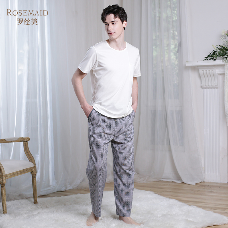 罗丝美春夏新款100%纯棉直贡印花前门襟松紧腰男士休闲长裤63012 - 图2