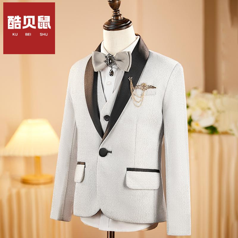 银色亮片男童西装套装帅气高端舞台表演学生主持人礼服钢琴演出服 - 图1