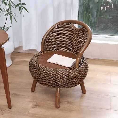 复古色小藤椅阳台客厅圆桌组合休闲座椅换鞋凳藤编新款靠背椅矮凳 - 图0