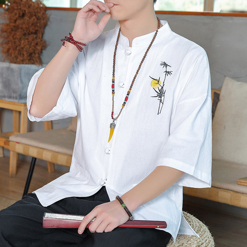 夏季中国风半袖衬衫男士冰丝盘扣 贵状衬衫