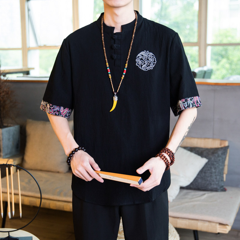 亚麻短袖男刺绣夏季宽松唐装t恤 贵状T恤