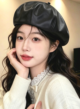 韩系复古皮质八角贝雷帽女大头围