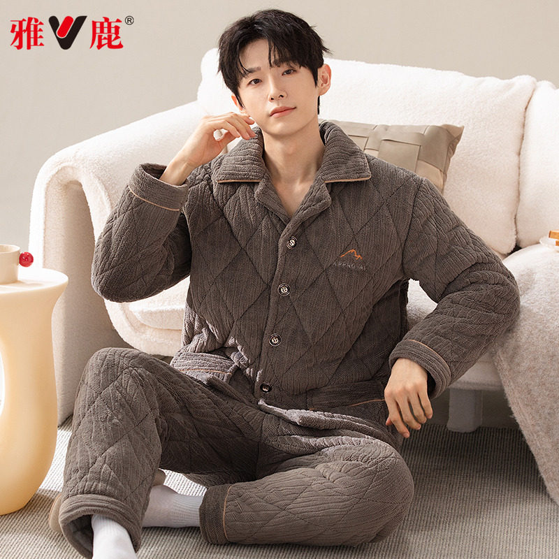 雅鹿珊瑚绒夹棉睡衣男士冬季三层加厚加绒2025年新款家居服秋冬天,淘宝优惠券,粉丝福利购,淘宝优惠卷