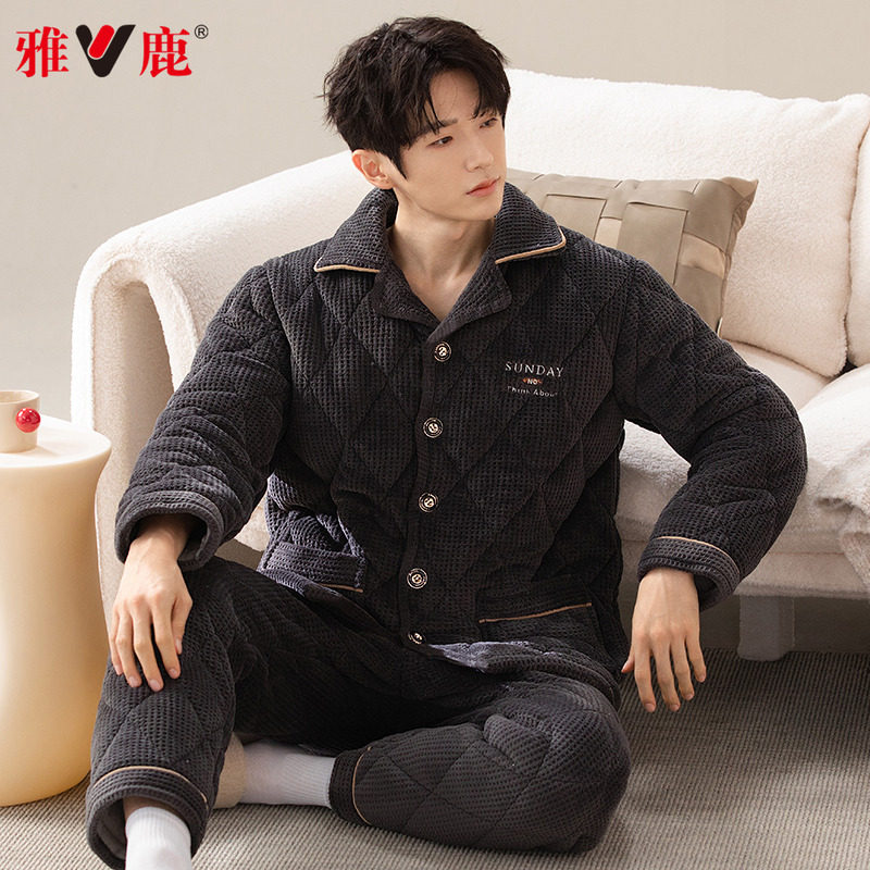 雅鹿珊瑚绒夹棉睡衣男士冬季三层加厚加绒2025年新款家居服秋冬天,淘宝优惠券,粉丝福利购,淘宝优惠卷