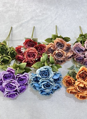 7叉珠光金玫瑰仿真玫瑰花婚庆花墙插花装饰酒店民宿家居假花摆件