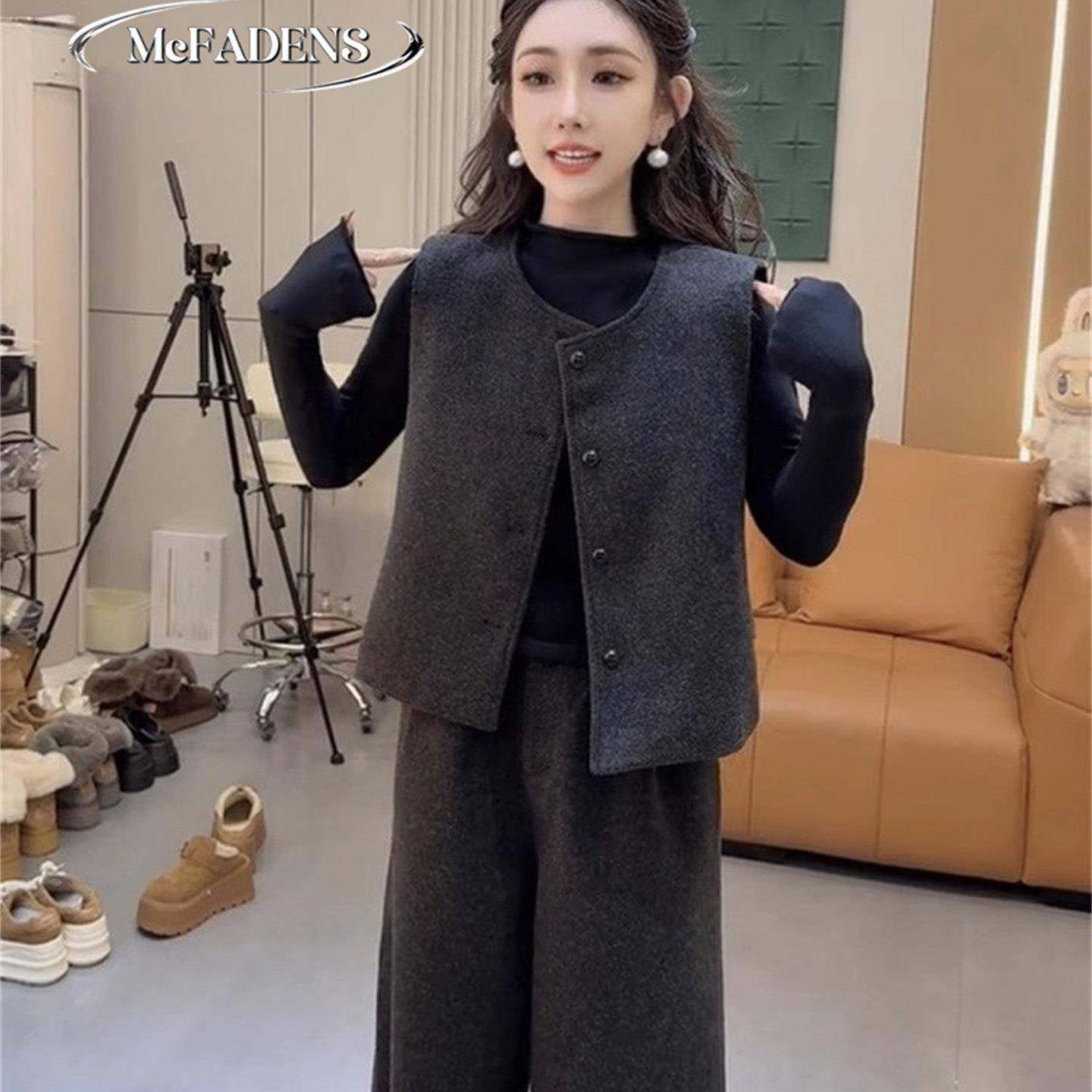 香港冬季新款洋气减龄三件套女毛呢马甲半高领小衫阔腿裤时尚套装,淘宝优惠券,粉丝福利购,淘宝优惠卷