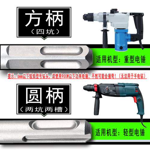 墙壁电锤钻头方头圆柄混凝土水泥石材打孔四坑冲击转6 8 10 12 14 - 图1