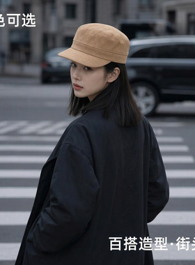 百搭复古男女麂皮绒褶皱同款帽子韩系马术小显脸平顶鸭舌帽时尚无