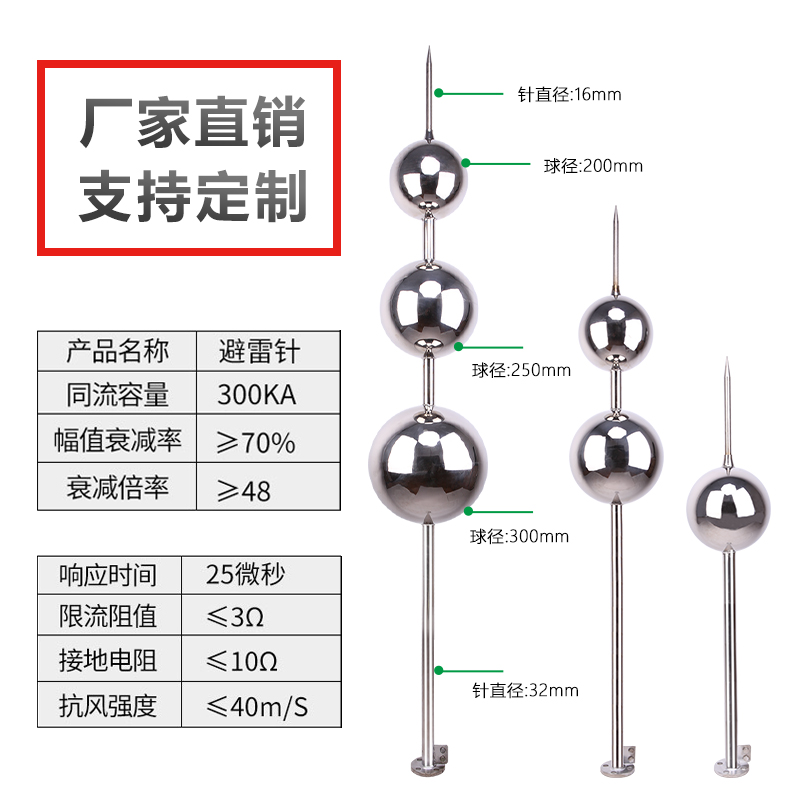 鉴安避雷针屋顶室外楼顶接地线防雷工程球型圆球不锈钢避雷针别墅 - 图3
