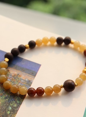 天然和田糖料手串女款s925银镀18k6mm圆珠手链转运珠新中式手链