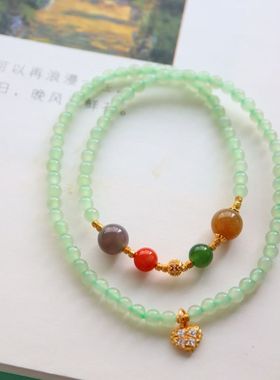 天然和田玉晴水手串碧玉首饰4mmDlY手链配925银项链配烟紫南红