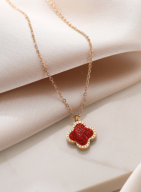 韩版18k玫瑰金满钻双面四叶草项链女钛钢不掉色轻奢感网红锁骨链