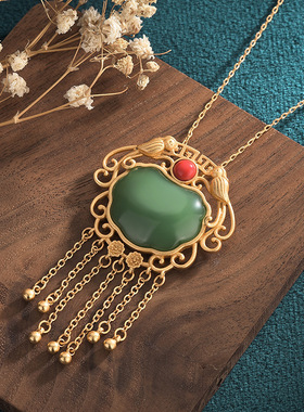 网红供货中国风古典旗袍汉服配饰古法金仿和田玉流苏项链女