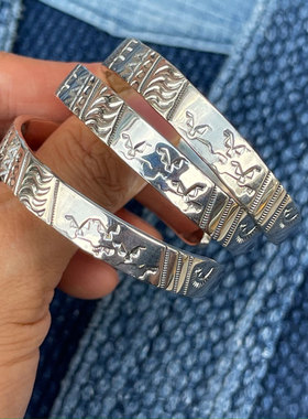 山脉波浪橄榄枝刻印全银复古手镯