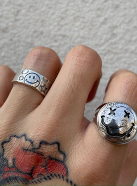 五星气泡涂鸦反战做旧全银戒指