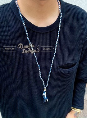 蓝染古布可调节黄铜扣领带项链