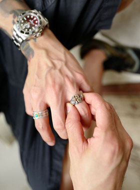 手打黄铜福字和字925银戒指