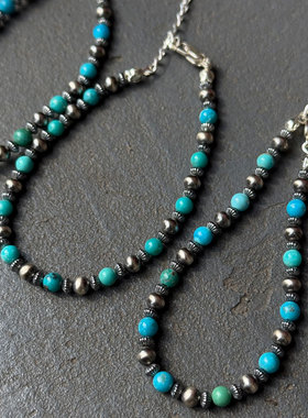 Kazoo 情侣款 日本手作美国矿区天然松石银籽珠相间925银复古手链