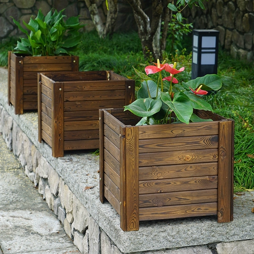 Антикоррозивная деревянная цветочная коробка сплошное дерево карбонизированное дерево цветок балкон -балкон на открытом воздухе цветочная коробка для двора квадратный