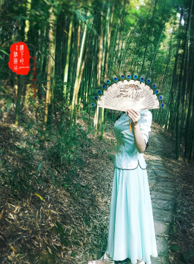 孔雀羽毛扇子装饰旗袍走秀