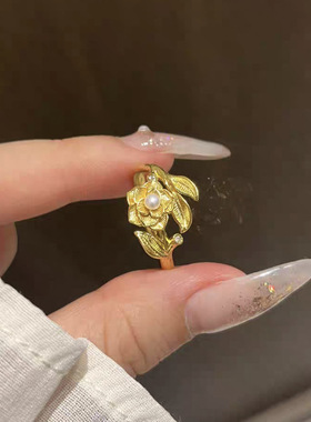 沙金饰品牡丹珍珠沙金戒指女仿真金久不掉色时尚高级感指环手饰品