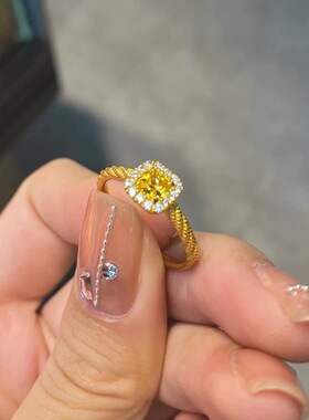 小红书同款小方糖黄钻戒指开口女款铜镀金活口微镶麻花指环新款