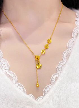 金店同款三铜钱碎冰有钱花项链久不掉色轻奢时尚高级感爆闪锁骨链