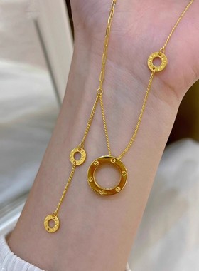 小红书同款仿黄金色卡家大饼圆环流苏项链女款百搭小众锁骨链项饰