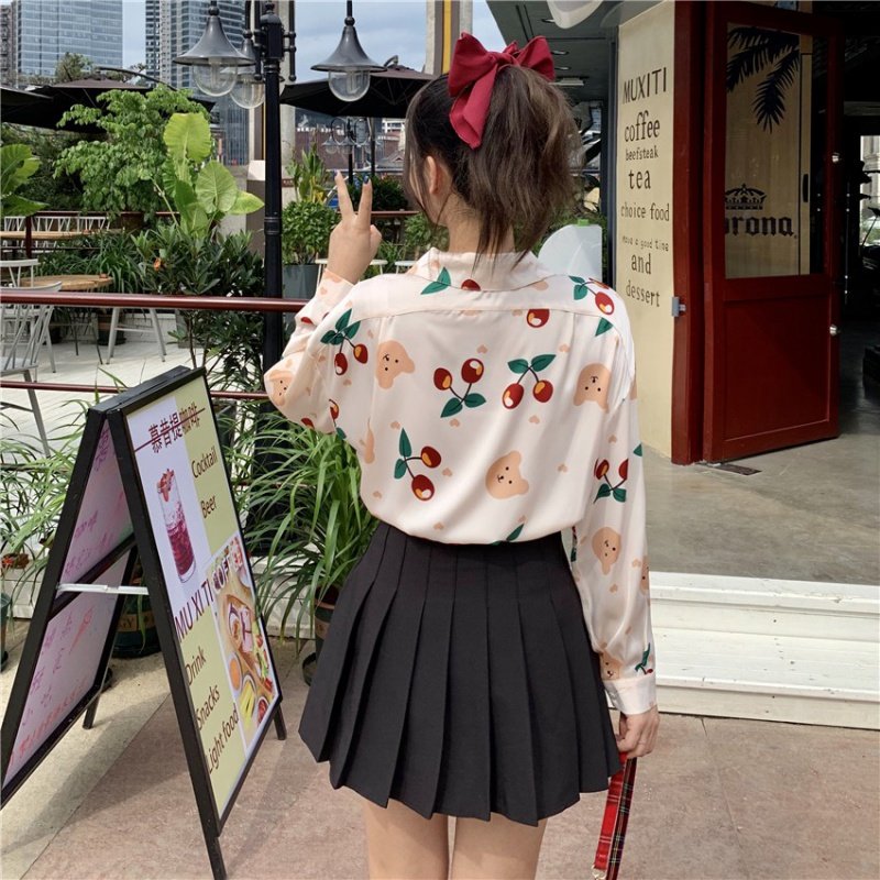 韩版宽松长袖小清新甜美樱桃衬衫 牵美衬衫