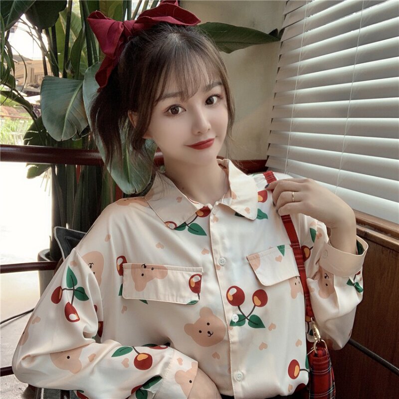 韩版宽松长袖小清新甜美樱桃衬衫 牵美衬衫