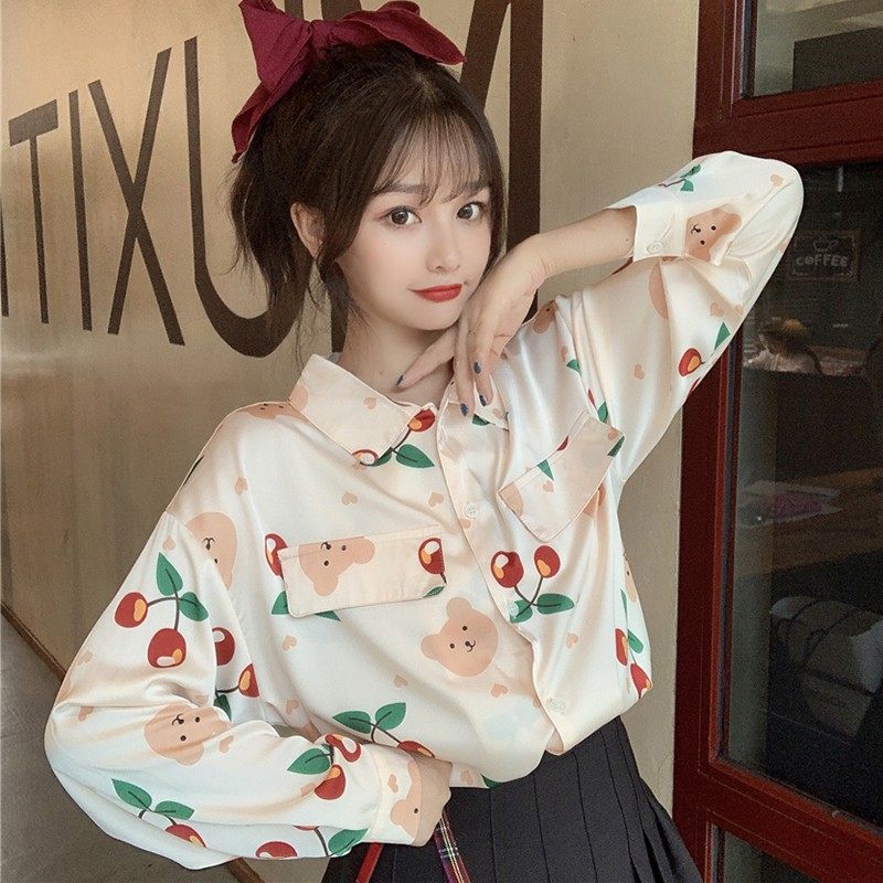 韩版宽松长袖小清新甜美樱桃衬衫 牵美衬衫