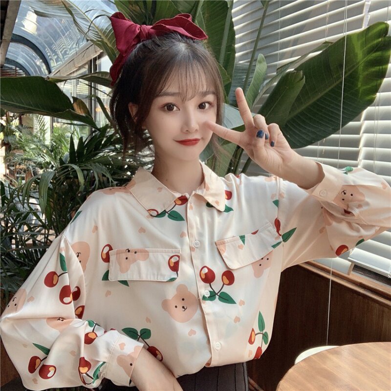 韩版宽松长袖小清新甜美樱桃衬衫 牵美衬衫