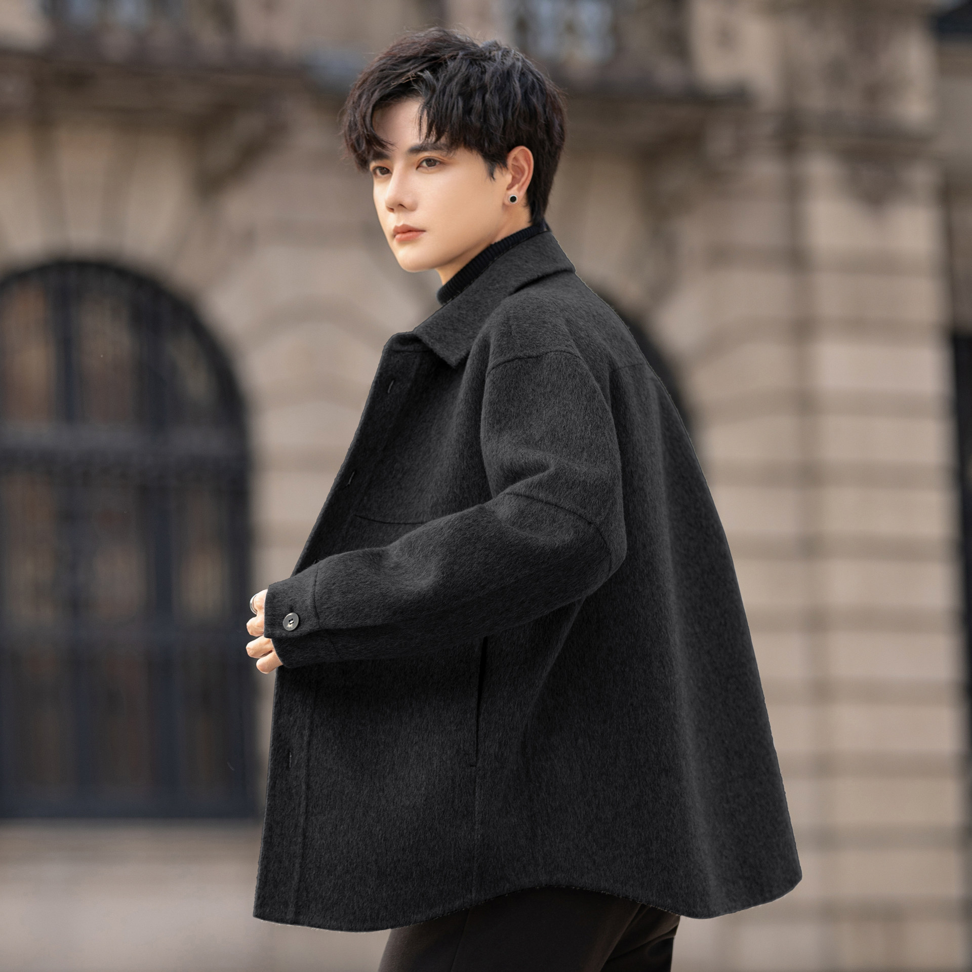 高端羊毛呢子外套男士翻领夹克2025新款秋冬短款双面绒大衣高级感,淘宝优惠券,粉丝福利购,淘宝优惠卷