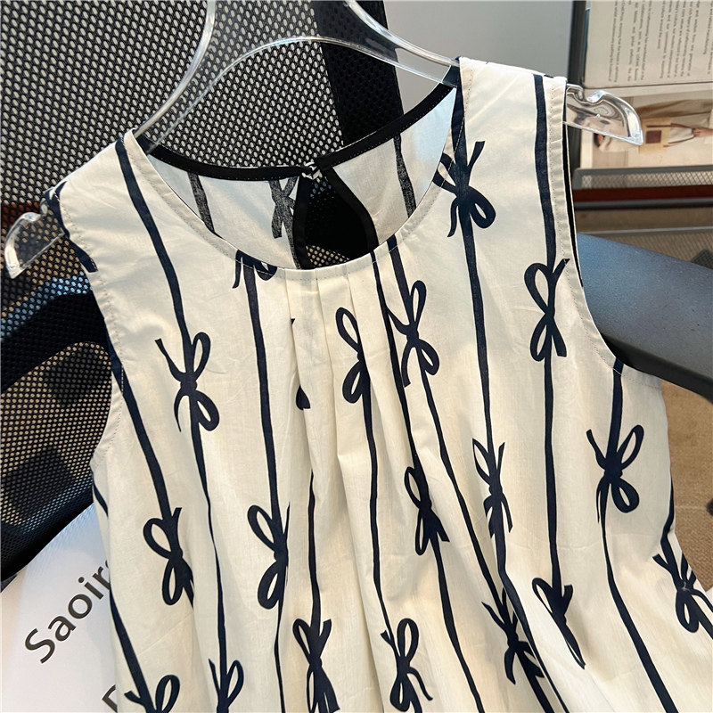 夏季新款韩版洋气压褶蝴蝶结印花甜美无袖背心娃娃衫女小众设计感,淘宝优惠券,粉丝福利购,淘宝优惠卷