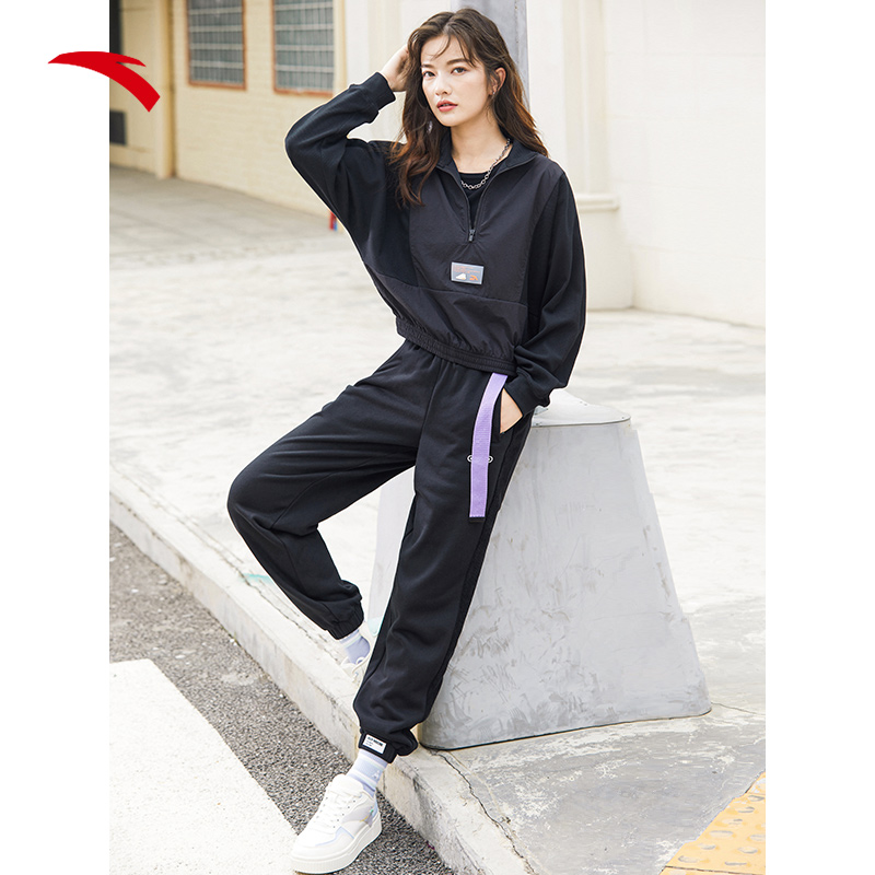 安踏官方网店安踏运动裤女2022春季新款白卫裤宽松针织灰长裤黑休闲裤校裤束脚3
