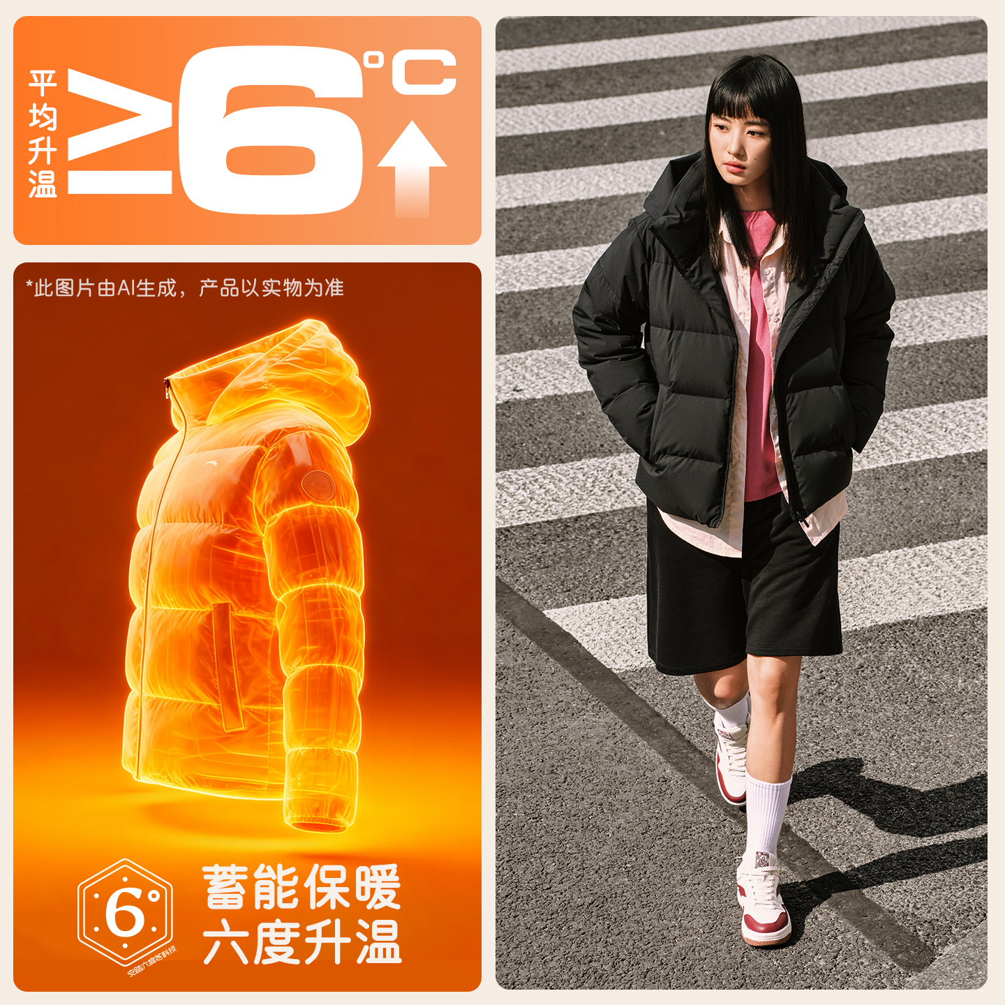 安踏面包羽绒丨防泼水高蓬松鸭绒外套女2025冬季新款保暖休闲上衣