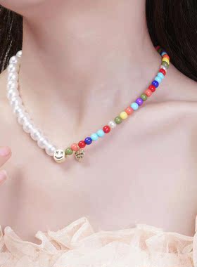 LUYUO彩虹笑脸串珠项链少女可爱夏季甜酷辣妹锁骨拼色小众链颈链