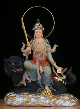 高档文毗殊普贤菩严萨件佛像坐像华三圣卢遮那佛树脂古彩12/16摆/