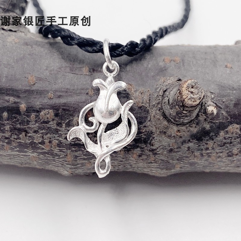 谢家银匠99银玫瑰花项链99足银女白玫瑰项坠链子 - 图0