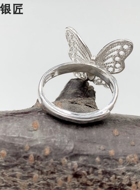 谢家银匠蝴蝶民族风个性戒指  99足银食指气质开口指环
